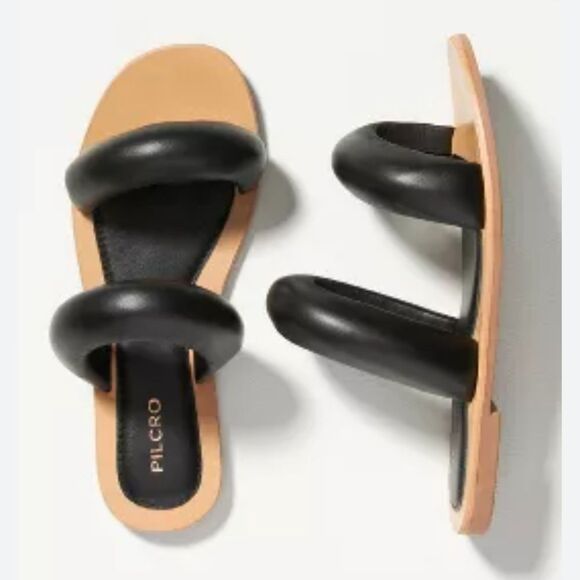 Anthropologie Pilcro Double Puff Strap Black Leather Slide Sandals Size 6 - Picture 1 of 14